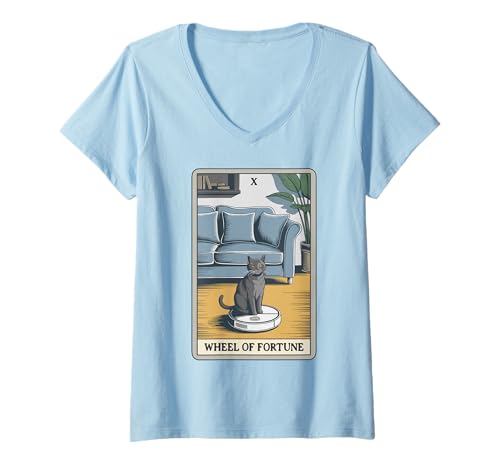 Damen Tarotkarte Rad der Fur-Tune Katze Roboter Staubsauger Katze T-Shirt mit V-Ausschnitt von Tarot Card Cat Lover Designs
