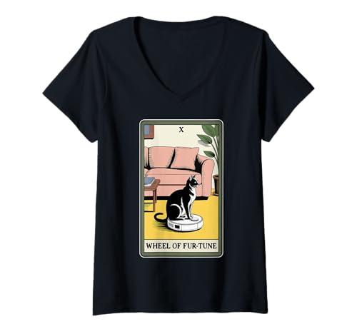 Damen Wheel of Fur-Tune Tarotkarte Katze Roboter Staubsauger Katze T-Shirt mit V-Ausschnitt von Tarot Card Cat Lover Designs