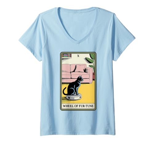 Damen Wheel of Fur-Tune Tarotkarte Katze Roboter Staubsauger Katze T-Shirt mit V-Ausschnitt von Tarot Card Cat Lover Designs