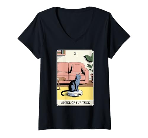Damen Wheel of Fur-Tune Tarotkarte Katze Roboter Staubsauger Katze T-Shirt mit V-Ausschnitt von Tarot Card Cat Lover Designs