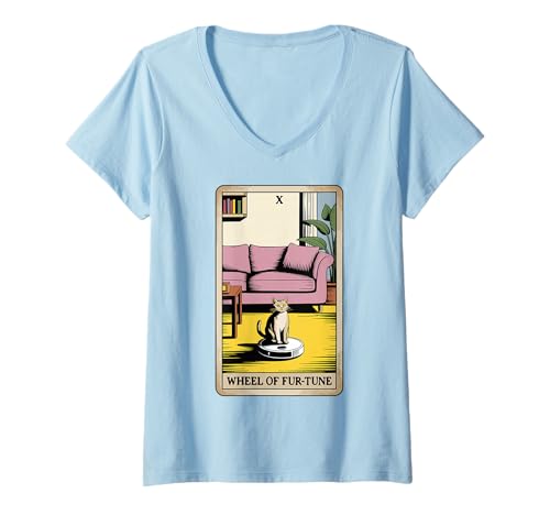 Damen Wheel of Fur-Tune Tarotkarte Katze Roboter Staubsauger Katze T-Shirt mit V-Ausschnitt von Tarot Card Cat Lover Designs