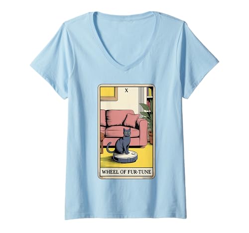 Damen Wheel of Fur-Tune Tarotkarte Katze Roboter Staubsauger Katze T-Shirt mit V-Ausschnitt von Tarot Card Cat Lover Designs