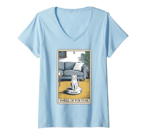 Damen Wheel of Fur-Tune Tarotkarte Katze Roboter Staubsauger Katze T-Shirt mit V-Ausschnitt von Tarot Card Cat Lover Designs