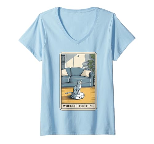 Damen Wheel of Fur-Tune Tarotkarte Katze Roboter Staubsauger Katze T-Shirt mit V-Ausschnitt von Tarot Card Cat Lover Designs