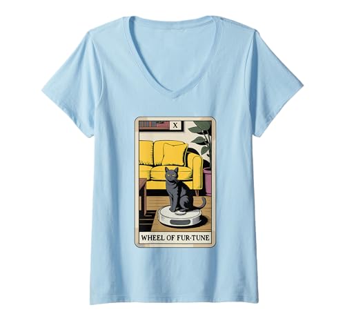Damen Wheel of Fur-Tune Tarotkarte Katze Roboter Staubsauger Katze T-Shirt mit V-Ausschnitt von Tarot Card Cat Lover Designs