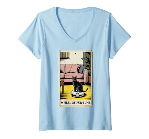 Damen Wheel of Fur-Tune Tarotkarte Katze Roboter Staubsauger Katze T-Shirt mit V-Ausschnitt von Tarot Card Cat Lover Designs
