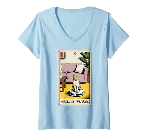 Damen Wheel of Fur-Tune Tarotkarte Katze Roboter Staubsauger Katze T-Shirt mit V-Ausschnitt von Tarot Card Cat Lover Designs