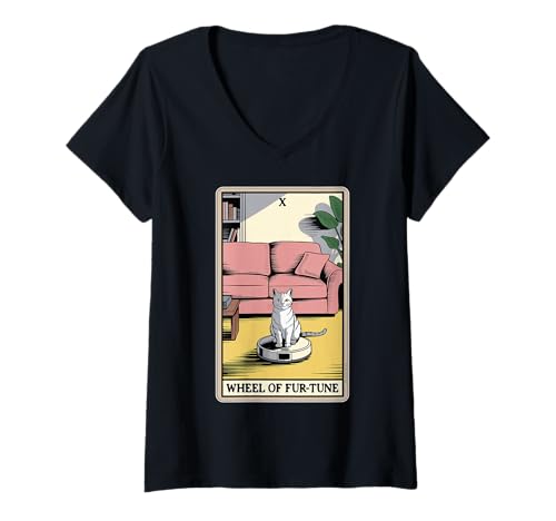Damen Wheel of Fur-Tune Tarotkarte Katze Roboter Staubsauger Katze T-Shirt mit V-Ausschnitt von Tarot Card Cat Lover Designs