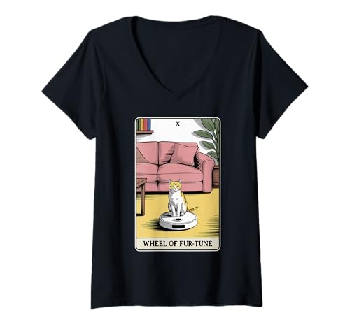 Damen Wheel of Fur-Tune Tarotkarte Katze Roboter Staubsauger Katze T-Shirt mit V-Ausschnitt von Tarot Card Cat Lover Designs