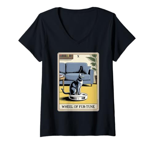 Damen Wheel of Fur-Tune Tarotkarte Katze Roboter Staubsauger Katze T-Shirt mit V-Ausschnitt von Tarot Card Cat Lover Designs