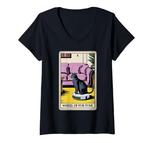 Damen Wheel of Fur-Tune Tarotkarte Katze Roboter Staubsauger Katze T-Shirt mit V-Ausschnitt von Tarot Card Cat Lover Designs