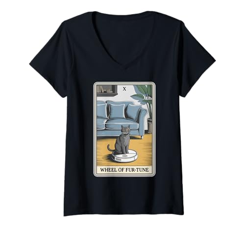 Damen Wheel of Fur-Tune Tarotkarte Katze Roboter Staubsauger Katze T-Shirt mit V-Ausschnitt von Tarot Card Cat Lover Designs