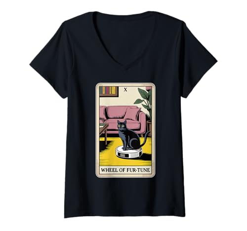 Damen Wheel of Fur-Tune Tarotkarte Katze Roboter Staubsauger Katze T-Shirt mit V-Ausschnitt von Tarot Card Cat Lover Designs