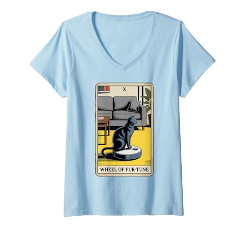Damen Wheel of Fur-Tune Tarotkarte Katze Roboter Staubsauger Katze T-Shirt mit V-Ausschnitt von Tarot Card Cat Lover Designs