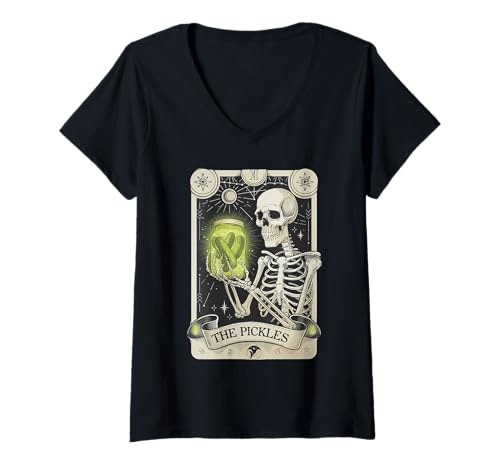 Damen The Pickles Mystical Tarotkarte Skelett Einmachsaison T-Shirt mit V-Ausschnitt Damen The Pickles Mystical Tarotkarte Skelett Einmachsaison T-Shirt mit V-Ausschnitt von Tarot Card Skeleton for Halloween Gardening Lovers