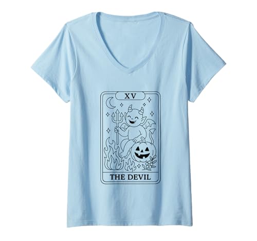 Damen The Devil Tarotkarte Halloween T-Shirt mit V-Ausschnitt Damen The Devil Tarotkarte Halloween T-Shirt mit V-Ausschnitt von Tarot Halloween Devil Occult Mystical