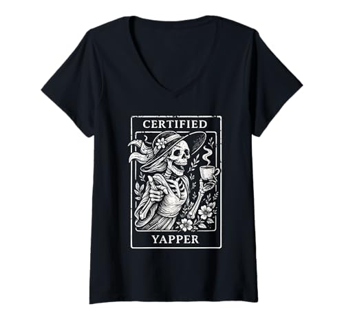 Damen Zertifizierte Yapper Shirt Lustige Skelett-Kaffeetarot Karte T-Shirt mit V-Ausschnitt von Tarot Skeleton Coffee Halloween Merch...