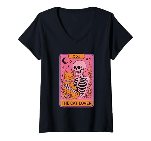 Damen XXI The Cat Lover Skelett Tarotkarte T-Shirt mit V-Ausschnitt Damen XXI The Cat Lover Skelett Tarotkarte T-Shirt mit V-Ausschnitt von Tarot Skeleton Feline Adoration Enthusiast