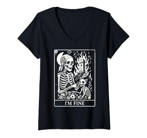 Damen I'm Fine Skelett Shirt Frau Skelett Katze Lustig Halloween T-Shirt mit V-Ausschnitt Damen I'm Fine Skelett Shirt Frau Skelett Katze Lustig Halloween T-Shirt mit V-Ausschnitt von Tarot Tower Burning Shirts...