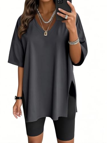 Tarotong Damen Oversized Tshirt Longshirt Lässig V-Ausschnitt Oberteile Sommer Sportshirt Lockere Funktionsshirt Einfarbig Blusen Tuniken mit Schlitzen V-Grau S Tarotong Damen Oversized Tshirt Longshirt Lässig V-Ausschnitt Oberteile Sommer Sportshirt Lockere Funktionsshirt Einfarbig Blusen Tuniken mit Schlitzen V-Grau S von Tarotong
