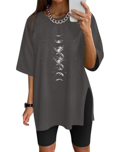 Tarotong Oversized Tshirt Damen Longshirt Lässig Oberteile Sommer Mond Gedruckt Lockere Funktionsshirt Einfarbig Blusen Schlitze Tuniken Splitside-Moon L von Tarotong
