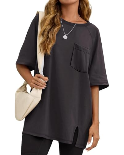 Tarotong Oversized Tshirt Damen Longshirt Lässig Schlitze Oberteile Sommer Lockere Raglan Ärmel Shirts Tuniken mit Tasche R-Grau XXL von Tarotong