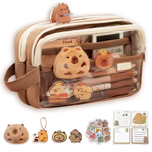 Tarqite Capybara Federmäppchen Set,5-Lagiges Federmäppchen, Transparent Süßes Capybara Schreibwaren Set mit Capybara-Plüsch, Haftnotizen, Anhänger, 2 Broschen, 20 Aufkleber für Kinder Schüler Tarqite Capybara Federmäppchen Set,5-Lagiges Federmäppchen, Transparent Süßes Capybara Schreibwaren Set mit Capybara-Plüsch, Haftnotizen, Anhänger, 2 Broschen, 20 Aufkleber für Kinder Schüler von Tarqite