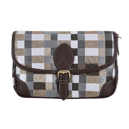 TartanAire Clutch Damen Schmutz- und wasserabweisend Damenhandtasche Kleine Umhängetasche mit Magnetverschluss, Verstellbarem Schulterriemen，Braun Weiß von TartanAire