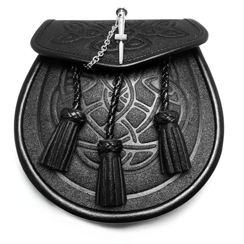 Halbkleid-Sporran aus Leder mit Nadelschloss – Schottischer Highland-Kilt Sporrans – keltisches geprägtes echtes Leder – inklusive Kette und Gürtel, Schwarz , Einheitsgröße von Tartancity