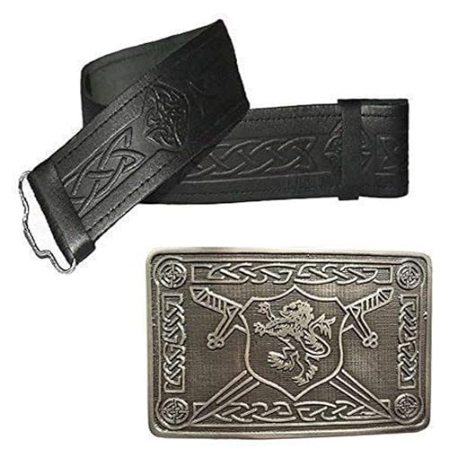 Tartancity Kilt-Gürtel aus echtem Rindsleder, verstellbare Schnallen im keltischen Design, schottische Gürtel und Schnallen, geprägter Ledergürtel, Schwarz , Size 42 - 48 inches von Tartancity