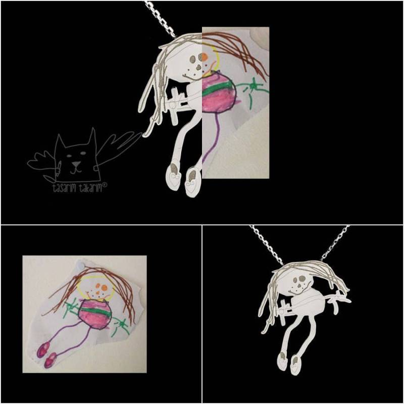 Personalisierter Schmuck, Maßgeschneiderte Sterlingsilber-Halsketten Aus Den Zeichnungen Ihrer Kinder, Perfektes Geschenk Für Mama von TasarimTakarim