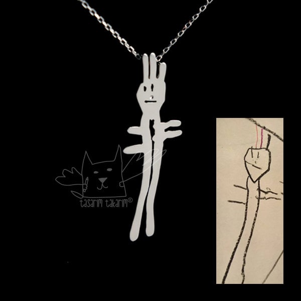 Handgemachte Personalisierte Halsketten Aus Silber Nach Den Zeichnungen Ihrer Kinder, Schmuck Maß Und Einzigartige Geschenke Für Kinder von TasarimTakarim