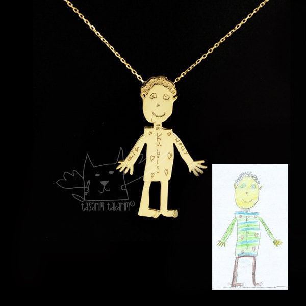 Handgemachter Personalisierter Silberschmuck, Maßgefertigte Vergoldete Silberketten Aus Den Zeichnungen Ihrer Kinder von TasarimTakarim