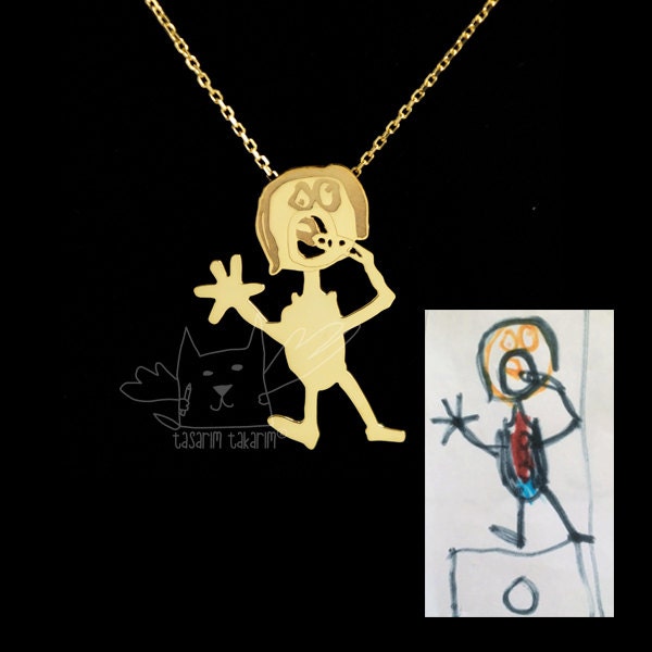 Handgemachter Personalisierter Silberschmuck, Maßgefertigte Vergoldete Silberketten Aus Den Zeichnungen Ihrer Kinder von TasarimTakarim