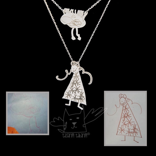Nach Den Zeichnungen Ihrer Kinder Gefertigte Halsketten Aus Sterlingsilber, Einzigartiger Personalisierter Schmuck, Perfektes Geschenk von TasarimTakarim
