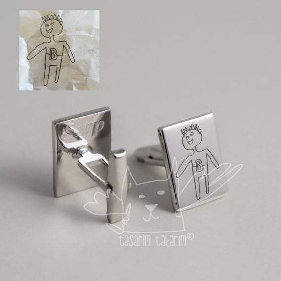 Personalisierte Silber Manschettenknöpfe Von Den Zeichnungen Ihres Kindes, Geschenk Für Ihn von TasarimTakarim