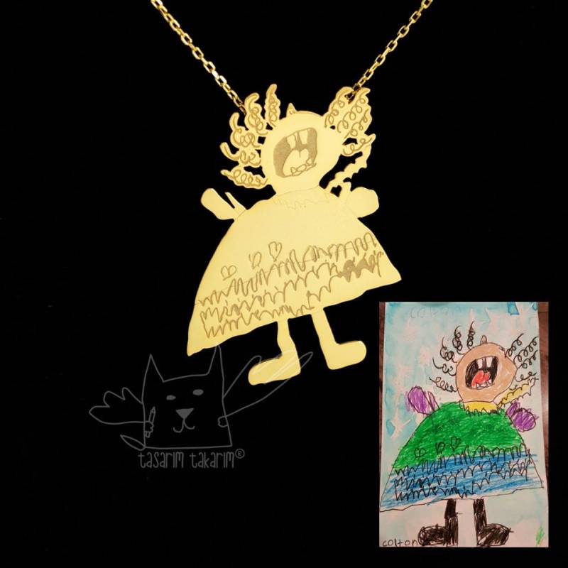 Personalisierter Schmuck, Maßgefertigte Vergoldete Silberketten Aus Den Zeichnungen Ihrer Kinder, Perfektes Geschenk, Kinderschmuck von TasarimTakarim