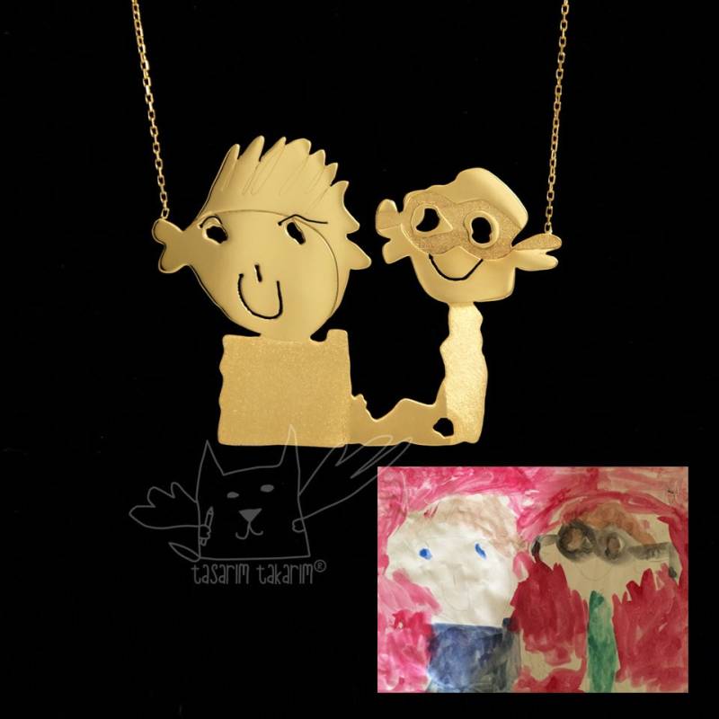 Personalisierter Schmuck, Maßgefertigte Vergoldete Silberketten Aus Den Zeichnungen Ihrer Kinder, Perfektes Geschenk, Kinderschmuck von TasarimTakarim