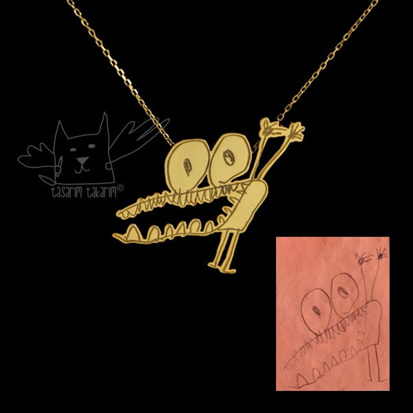 Personalisierter Schmuck, Maßgefertigte Vergoldete Silberketten Aus Den Zeichnungen Ihrer Kinder, Perfektes Geschenk, Kinderschmuck von TasarimTakarim