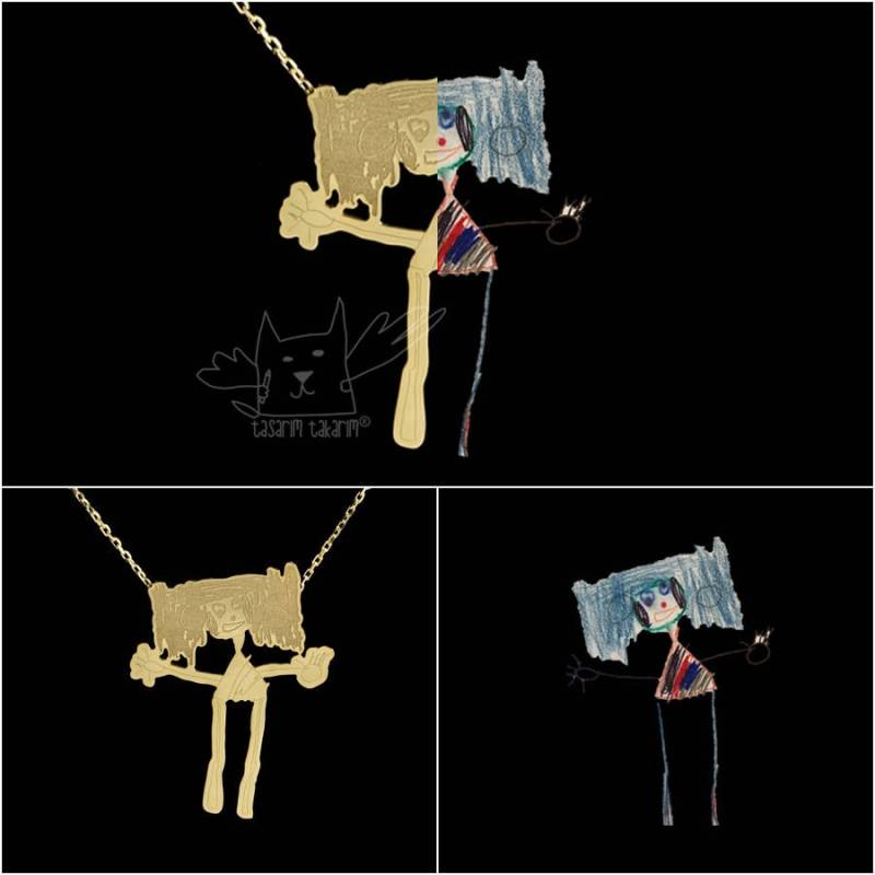 Personalisierter Schmuck, Maßgefertigte Vergoldete Silberketten Aus Den Zeichnungen Ihrer Kinder, Perfektes Geschenk, Kinderschmuck von TasarimTakarim