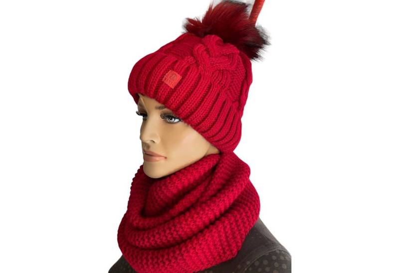 Taschen4life Bommelmütze Mütze & Schal Set achti 910 (Strickmütze & Loop) großer Bommel, Strick Beanie & Loopschal einfarbig, Logo-Label von Taschen4life