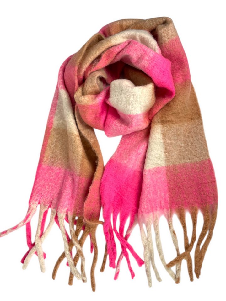 Taschen4life Modeschal Damen Schal mit dicken Fransen 100, kariert, mehrfarbig, kuschelig & lang mit dicken Fransen von Taschen4life