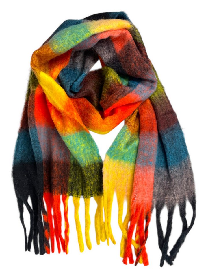 Taschen4life Modeschal Damen Schal mit dicken Fransen 100, kariert, mehrfarbig, kuschelig & lang mit dicken Fransen von Taschen4life