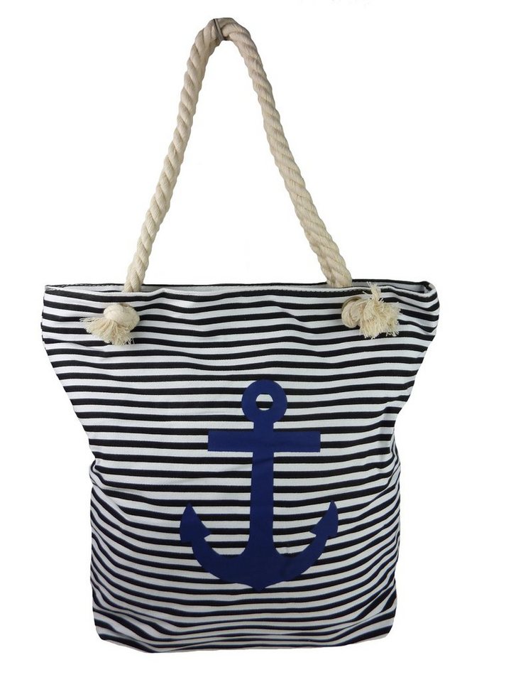 Taschen4life Strandtasche maritime Strand Tasche 1604, gestreift mit Anker Motiv, Stofftasche, Canvas (Segeltuch), mit Reißverschluss von Taschen4life