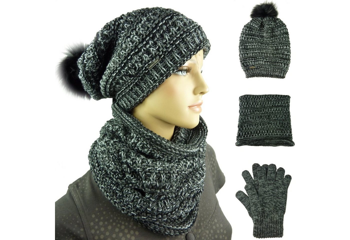 Taschen4life Strickmütze Damen Mütze Schal Handschuhe Tea (Set 3 teilig, mit Schal und Handschuhen) Long-Beanie mit großem Bommel (Synthetik), Loop Rundschal von Taschen4life