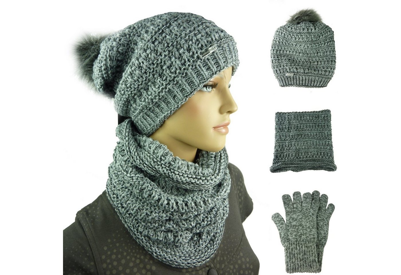 Taschen4life Strickmütze Damen Mütze Schal Handschuhe Tea (Set 3 teilig, mit Schal und Handschuhen) Long-Beanie mit großem Bommel (Synthetik), Loop Rundschal von Taschen4life