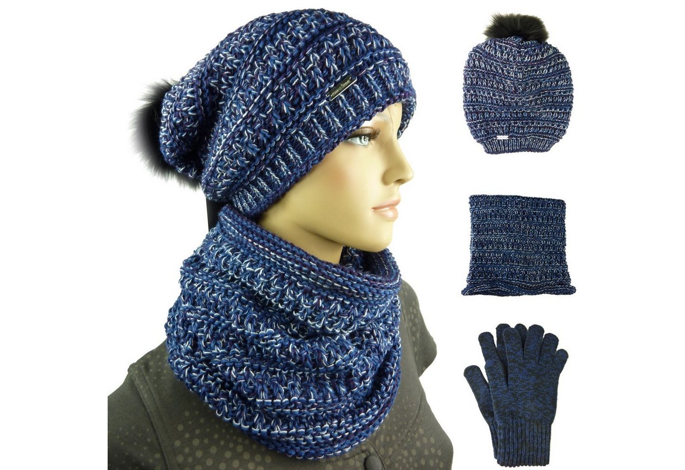 Taschen4life Strickmütze Damen Mütze Schal Handschuhe Tea (Set 3 teilig, mit Schal und Handschuhen) Long-Beanie mit großem Bommel (Synthetik), Loop Rundschal von Taschen4life