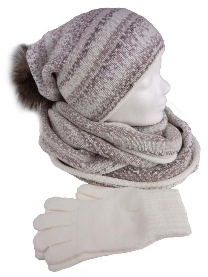 Taschen4life Strickmütze Mütze Schal Handschuhe Set Alma - Damen Winterset mit Bommel (3 teilig, Beanie, Loop, Fingehandschuhe) Glattstrick fein gemustert, großer Bommel von Taschen4life