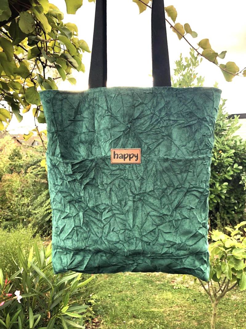 Große Cordtasche Gecrasht 42x40x10-Shopper-Einkaufstasche-Schultertasche-Damentasche-Umhängetasche-Geschenk Frauen-stabile Grün von TaschenMitHerz