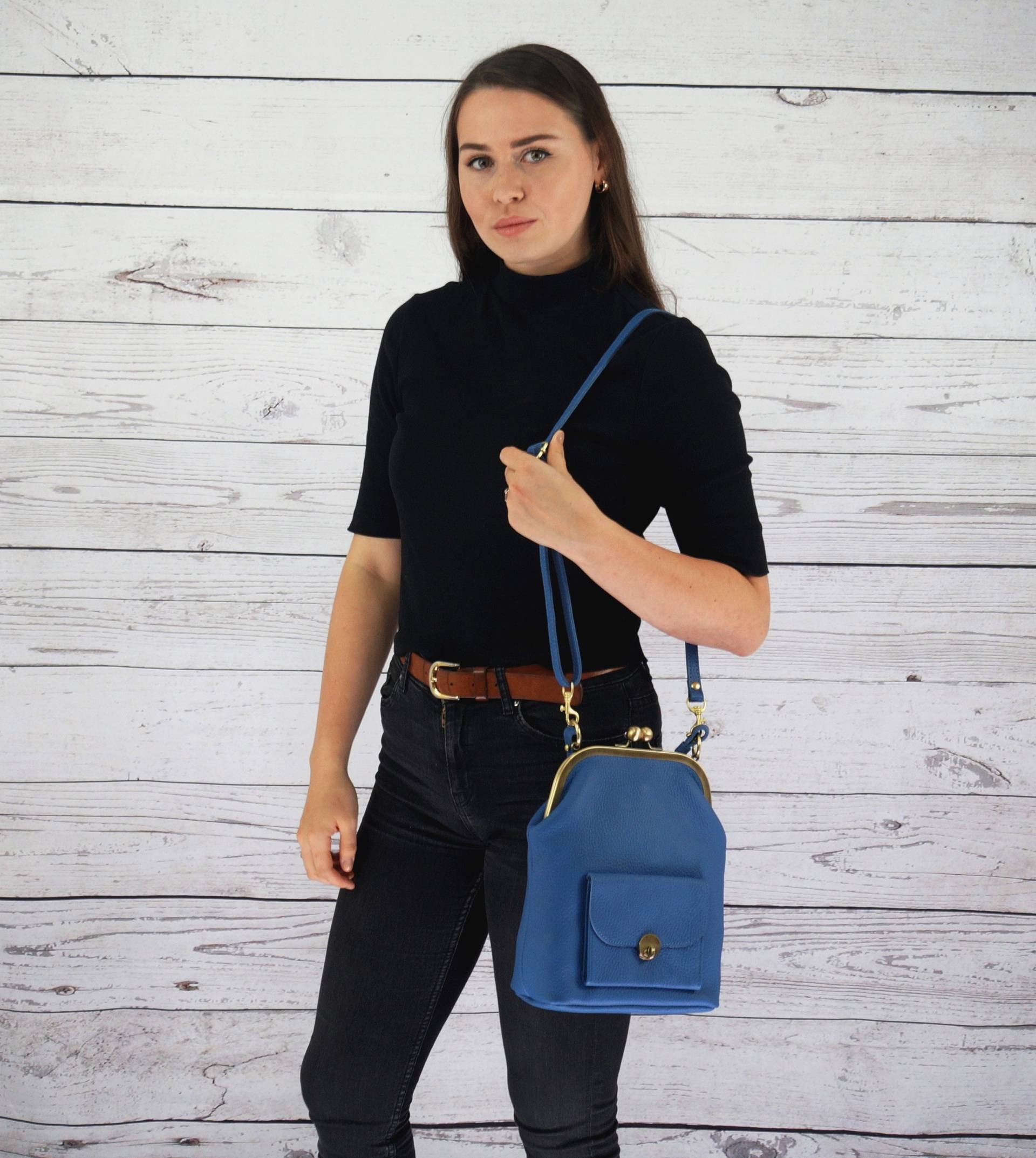 Retro Handtasche Leder, Schultertasche Leder "Grace" in Blau, Vintage Bügeltasche, Henkeltasche von Taschenkinder